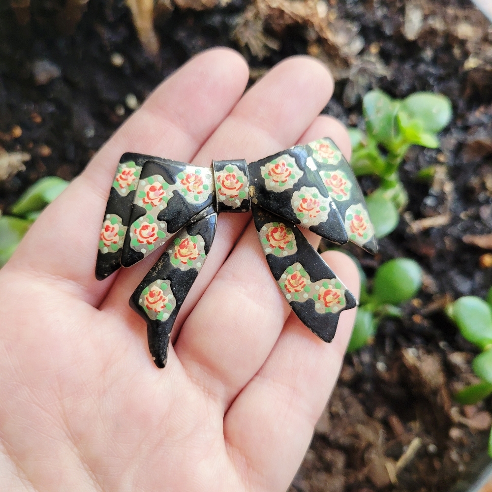 Floral Black Bow Brooch